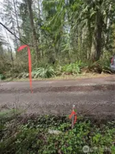 Southeast property corner and line at the road.