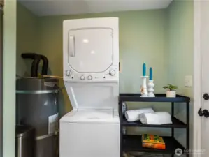 An efficient stacked washer/dryer unit saves space and gets the job done.