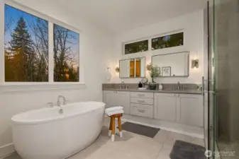 A spa like primary bath greets each morning with refreshing light and serenity and welcomes the evening with a calm, relaxing soak in the tub.