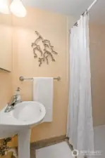 The lower level bath has an updated shower + tile floors