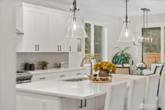 A large entertainer's island anchors the kitchen, offering a generous space for gatherings, the large deep stainless sink makes everyday cleanup effortless.