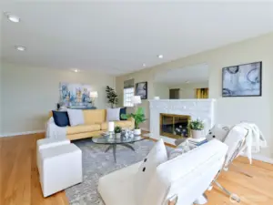 Cozy wood burning fireplace.