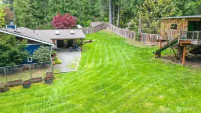Part of the back yard showcasing the covered patio area, the dog run, and absolutely awesome Tree house