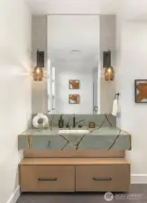 Main Floor Guest Bath. Designer Selected Quartz and Natural Stone Slab Counters Throughout