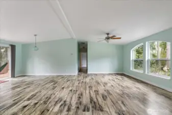 Living room looking down hall to the other 3 rooms and laundry room/back door.