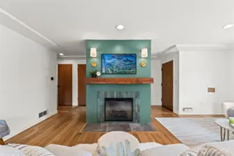 Cozy electric fireplace creates the perfect focal point for the room.