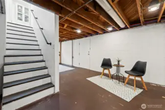 Turning left at the bottom of the stairs, you’ll find a second basement area that leads to the sauna.