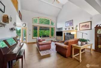 Natural light highlights the architectural details of the living room.