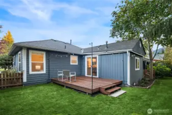 View of the deck and backyard standing at the back of the property.