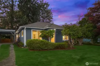 Evening view from the front of the home.
