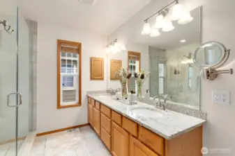 Double vanities with great storage space.