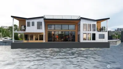 Rendering of the front of this iconic presale by FullerStyle Inc.  End of dock with room for your yacht next to it.