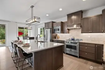 Gourmet kitchen boasts premium range, expansive island with seating and sophisticated finishes thoughtfully blending style and function.