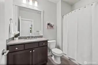 Stylish and well-designed main bath features modern finishes.