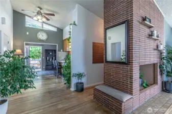 Dramatic angles and floor to ceiling fireplace.