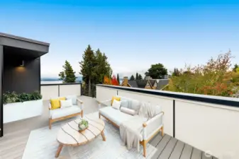 Top level features a private rooftop deck, sit atop Madrona & soak in the view. Entertain, or simply enjoy your sanctuary. This image is virtually staged.