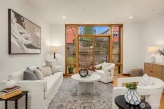 The living room adjoins a spacious, private, west-facing deck