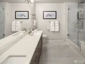 Amazing bath features dual sinks.