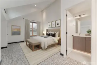 Virtually staged - upstairs second primary with ensuite bathroom, walk in shower and heated floors.