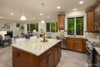 Spacious island with bar seating overlooks the dining and family rooms