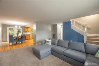 A view from the front of the house to the back, with the dining and kitchen area