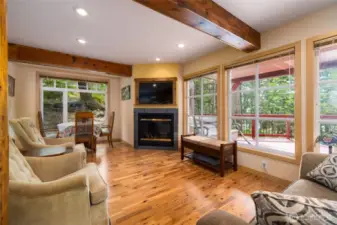Cozy around the downstairs fireplace all year round