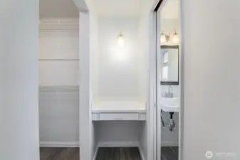 Walk in closet, vanity area and half bath.