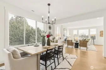 Photo of the dining room and great room. Model home on lot 4 at Moorlands Grove.