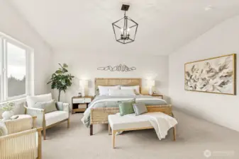 Photo of the exquisite primary bedroom with vaulted ceilings and beautiful territorial and mountain views located on lot 4 at Moorlands Grove.