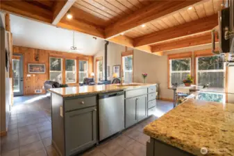 The kitchen looking into living room.