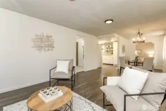 Family room with pellet stove insert.