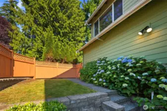 This fully fenced backyard includes gates to the driveway and to the front yard, plus a grassy lawn for pets, play, or gardening.