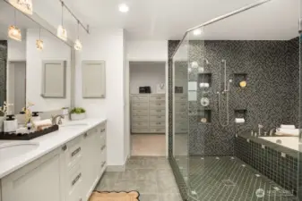 Primary suite bathroom with walk-in closet on the other side.