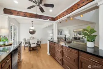 The custom wine bottle rack at the ceiling was designed for the space and it stays!