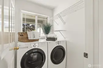 Enclosed laundry room on the main floor with room for shelves and storage above.