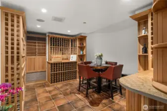 A refined wine room designed for collection, display, and intimate tastings.