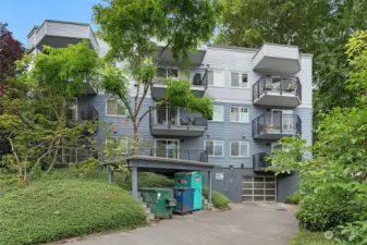 The entry to the parking garage with long driveway