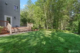 Fully fenced yard surrounded by lush green trees - land behind will not be developed.