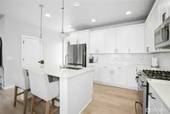 quartz slab, stainless steel apps, gas range, engineered hardwoods