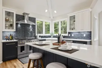 Professional gas range with 2 ovens and professional stainless hood vent.
