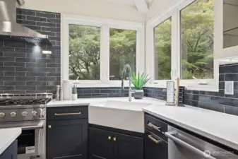 Farm sink and full height back splash.