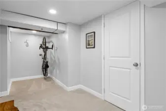 There is a little alcove for bike storage on the lower level. The door leads to a large storage area.
