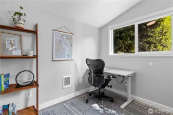 The detached office-she-he-they-shed is fully insulated, powered, heated and has ethernet. The perfect separate space!
