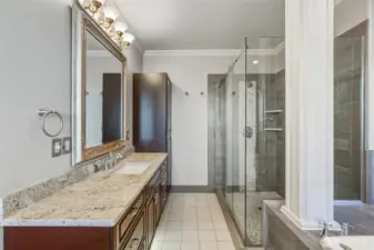 Dual Vanities, Tile and Glass Shower~
