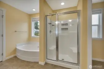 Primary bath with soaking tub and walk in shower