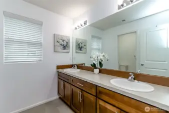 This is the full bathroom upstairs. There is a door to the left that encompasses the tub/shower combination as well as the toilet and separates the double vanity from the shower / toilet area. a perfect combination for sharing a bathroom.