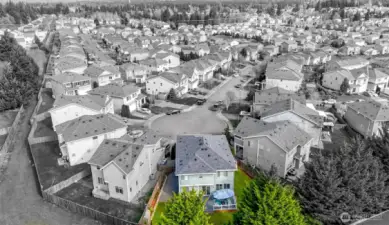 This aerial view shows the house at the end of this subdivision.