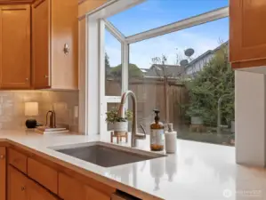 Garden window highlights view of the waterfall and private backyard.