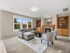 Large family room with fireplace and surround sound.