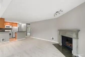 Cozy wood burning fireplace in living room